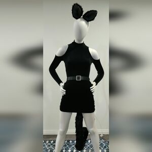 Elope Oversized Black Kitty Tail & Ears W/ Black Velvet Mini & Rhinestone Belt-S